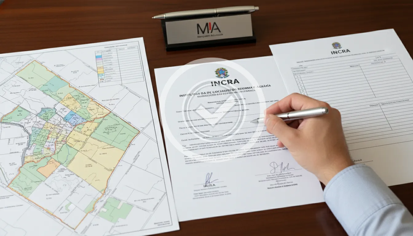 Documentos de cadastro no INCRA e um mapa de propriedade rural, essenciais para a regularização do ITR imposto territorial rural.