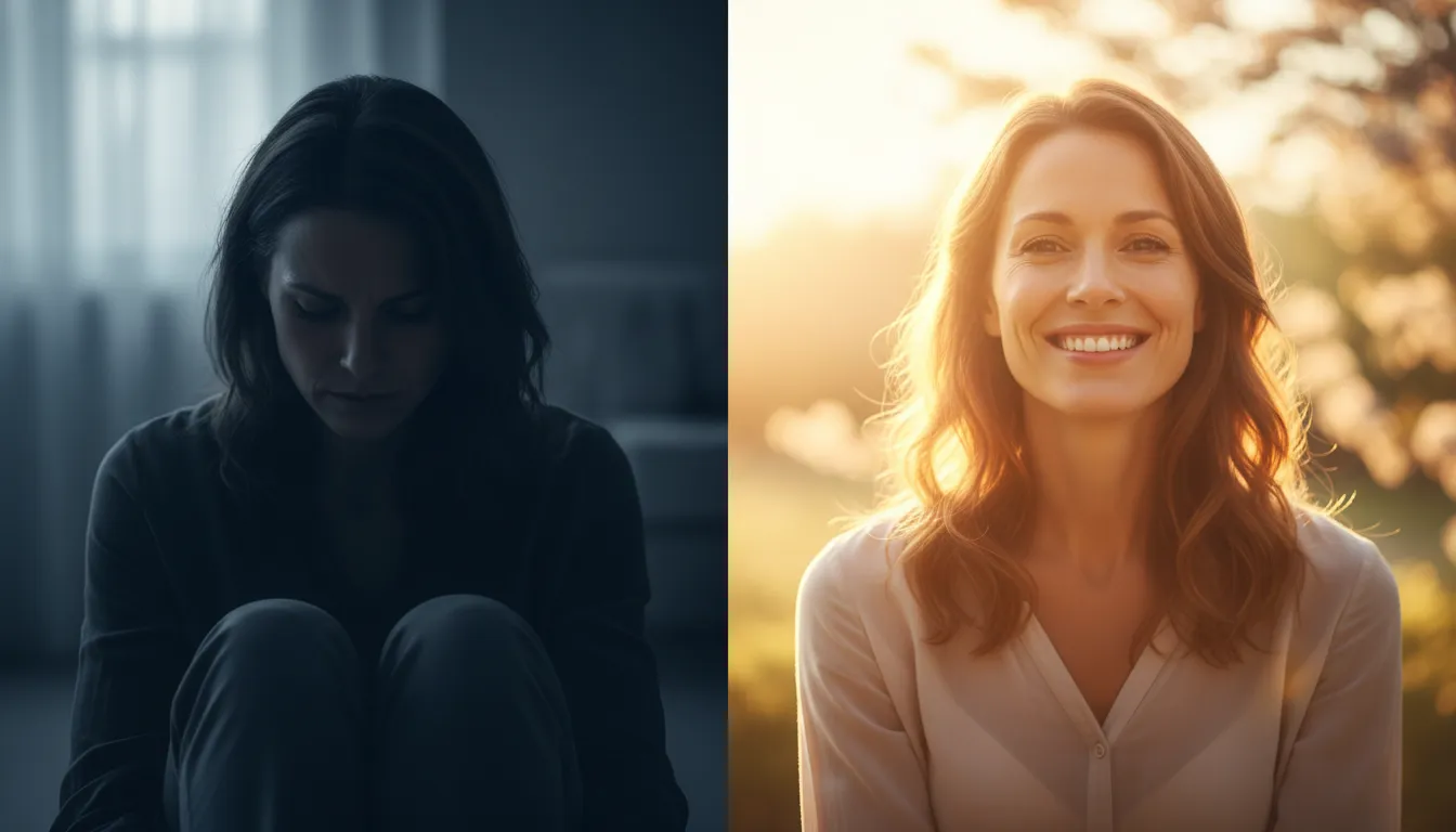 Comparativo de pessoa antes e depois da terapia quântica, mostrando a transformação da ansiedade e depressão para a cura e bem-estar.