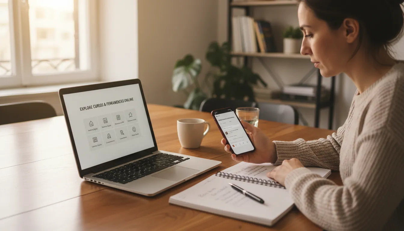 Empreendedor estudando e planejando pequeno negócio com uso de recursos online e materiais de apoio.