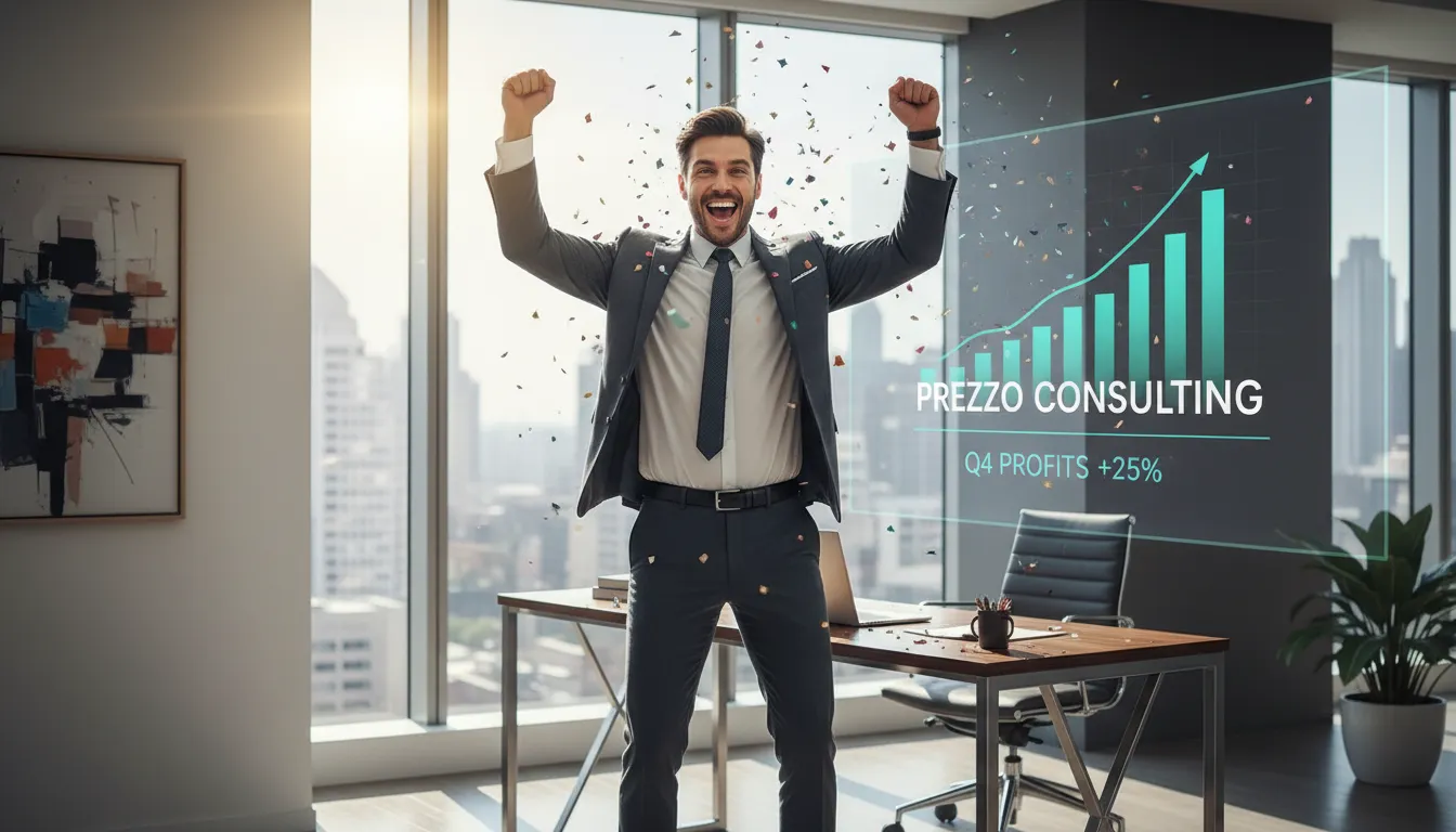 Un empresario celebra su éxito financiero gracias a la asesoría de Prezzo Consulting en contabilidad en Orlando, reflejando el crecimiento y la prosperidad de su negocio.