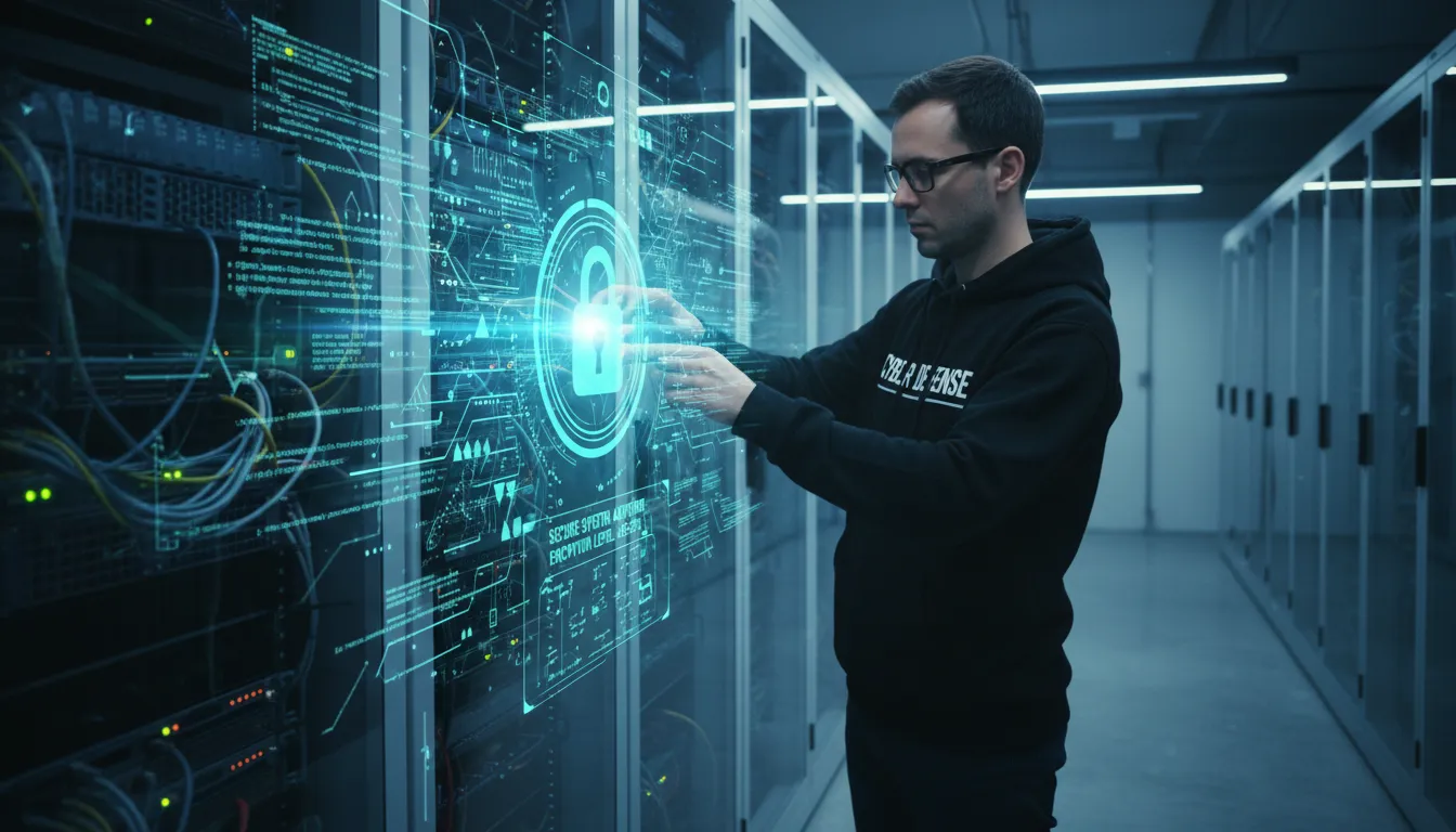 Como Fazer Site em 2026: O Guia Completo para Não Cair em Armadilhas 3 Analista de segurança configurando servidor com holograma de cadeado e dados criptografados em sala de TI moderna