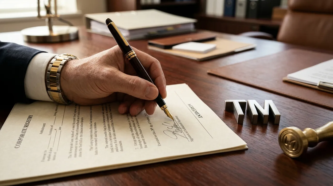 Advogado assinando contrato para registrar marca empresa e proteger nome empresarial.