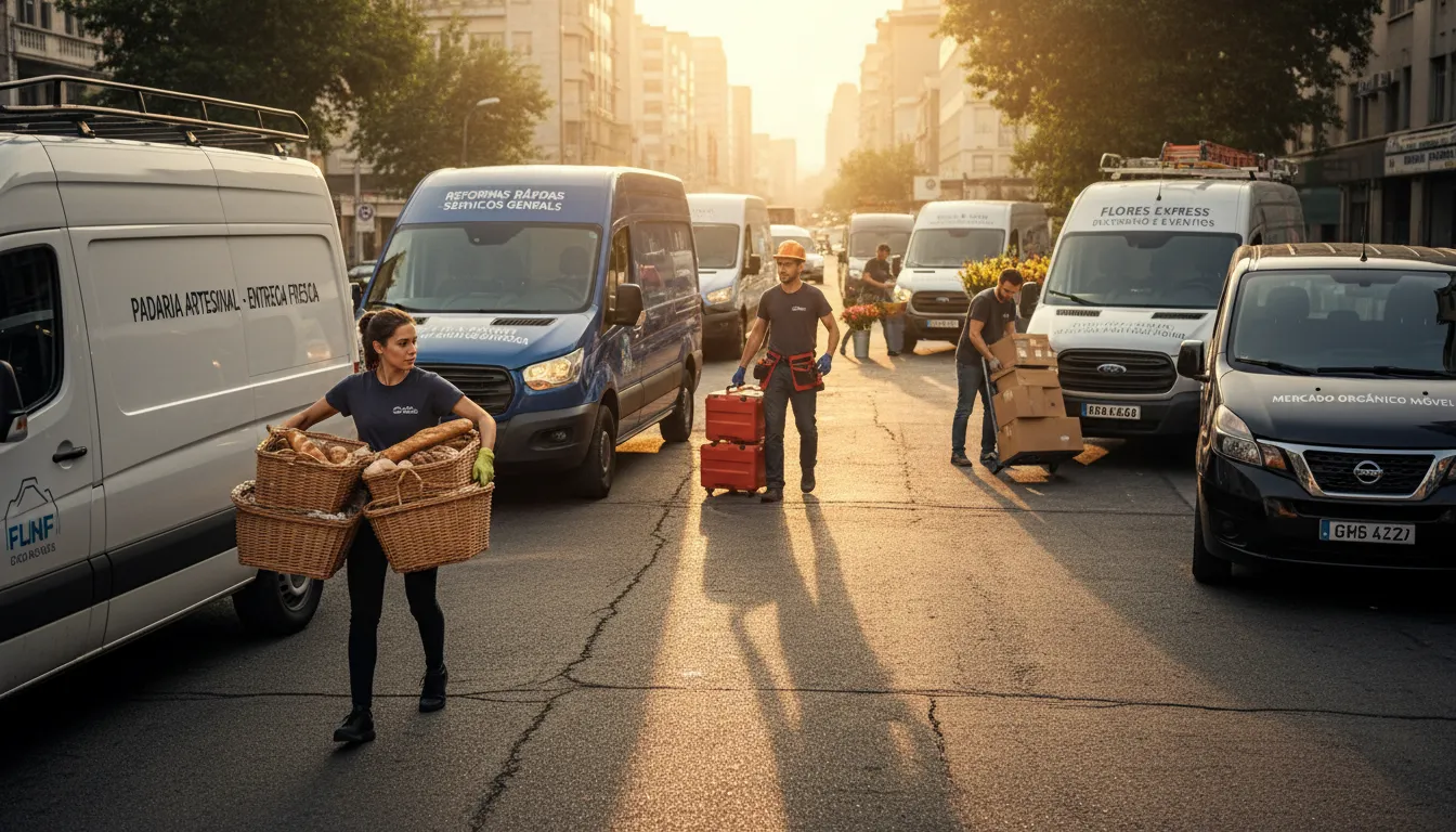 Motoristas autônomos usando vans em atividades profissionais e transporte, mostrando a importância do veículo.