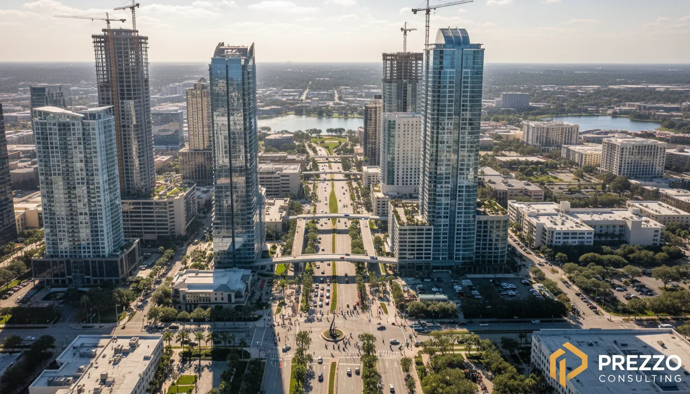 Aerial view of Orlando, Florida, symbolizing economic opportunities for opening a company in Florida with foreign investment.