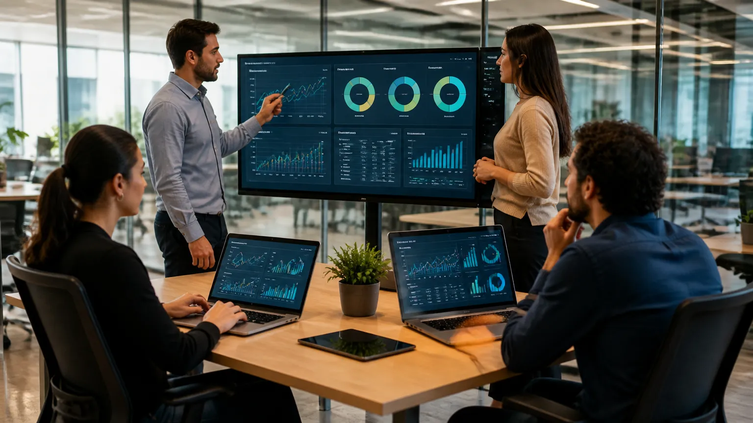 Equipe comercial alinhando estratégias para garantir mais velocidade no atendimento ao cliente.