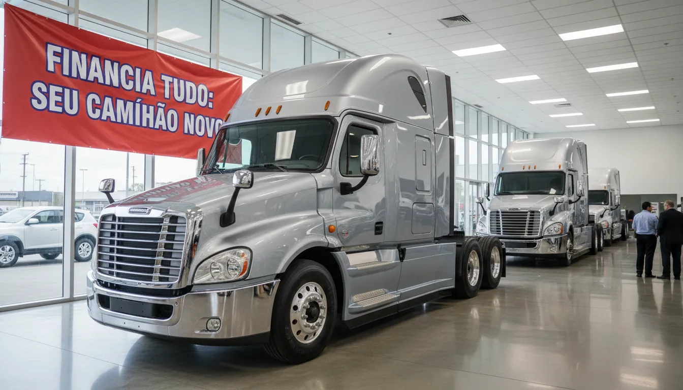 Um caminhão novo em uma concessionária com uma faixa da Financia Tudo promovendo financiamento. Imagem para ilustrar a simulação de financiamento de caminhão novo.