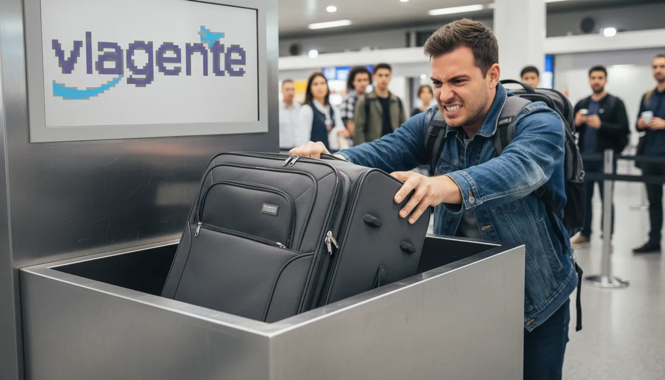 Passageiro tentando encaixar mala de bordo ligeiramente grande no medidor de tamanho bagagem de mão do aeroporto, demonstrando frustração.