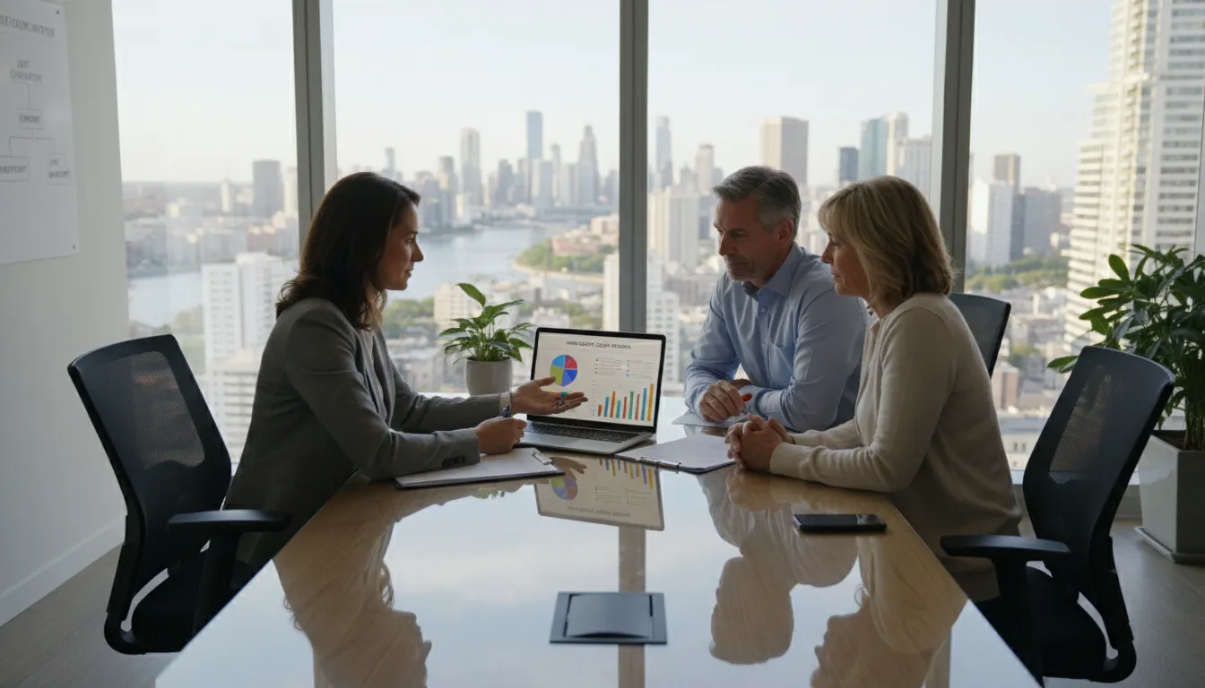 Consultor financeiro mostra opções de home equity em escritório moderno com casal brasileiro interessado.