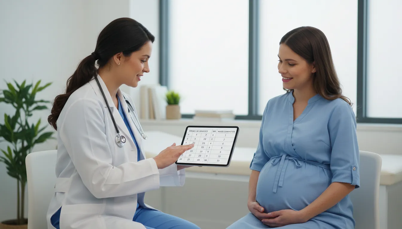 Médica explica à gestante como transformar semanas em meses de gestação usando um tablet.