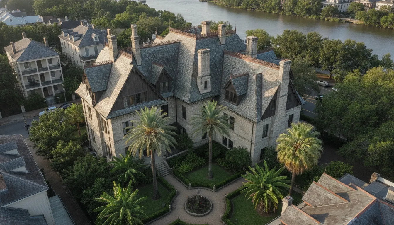 Will New Orleans' castelo único à venda. Vista aérea parcial destaca arquitetura complexa do imóvel.