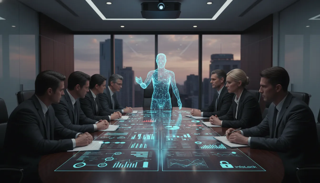 Executivos discutindo ética de IA e compliance classroom ai em sala de reunião com assistente de IA. Logo InfoLock.