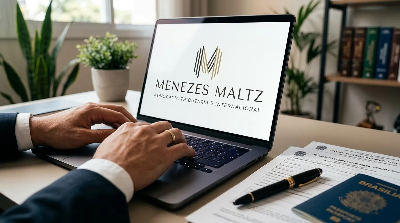 Mãos digitando a comunicação de saída definitiva do brasil no computador