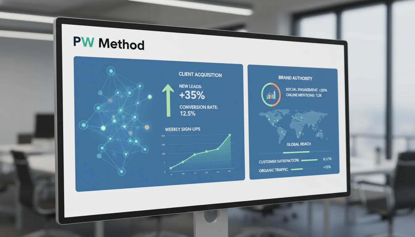 Dashboard com KPIs de aquisição de clientes e autoridade de marca para um negócio wellness, mostrando resultados mensuráveis. Imagem relevante para estratégia de mensagem automática whatsapp business.