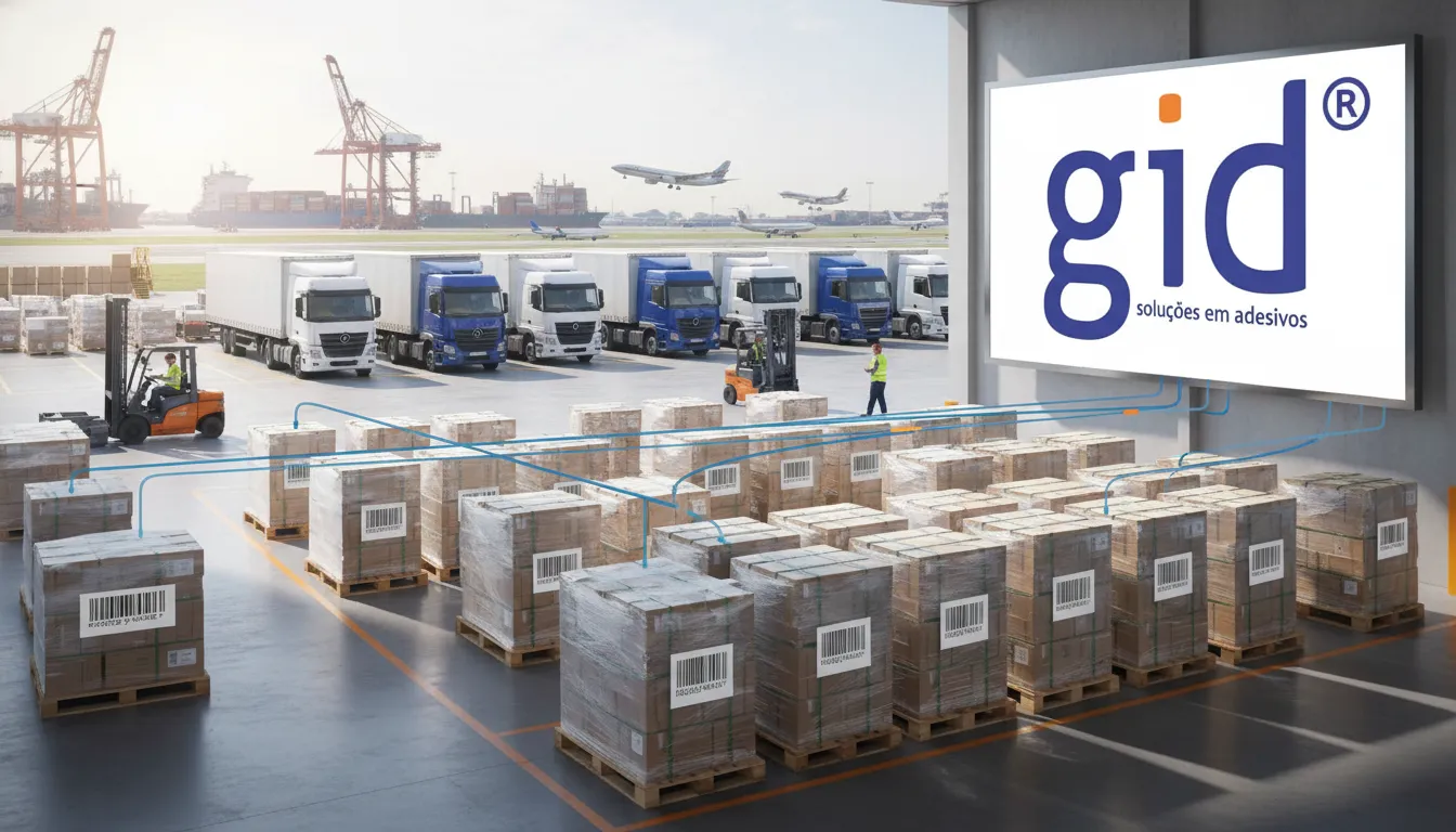 Visão ampla e realista de uma cadeia logística global, com caminhões e porto, destacando as etiquetas de rastreabilidade que garantem fluxo seguro.