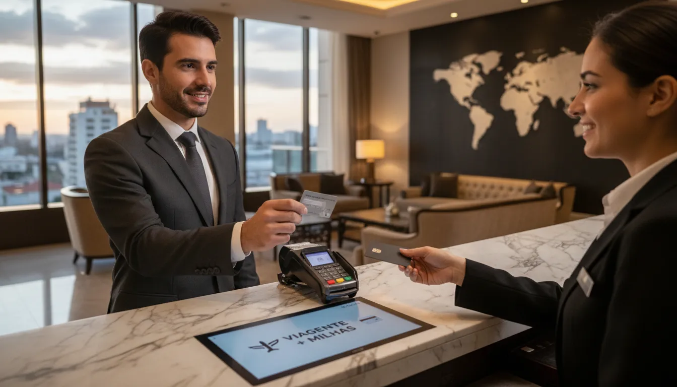 Empresário usando cartão de crédito em hotel de luxo, ilustrando como acumular milhas rapidamente com a Viagente.