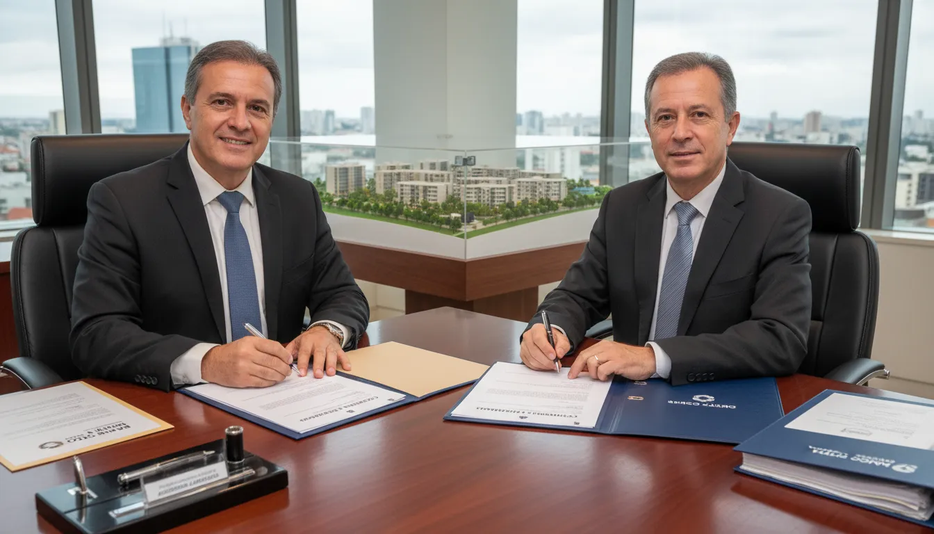 Síndico assinando contrato de empréstimo com consultor financeiro em ambiente administrativo