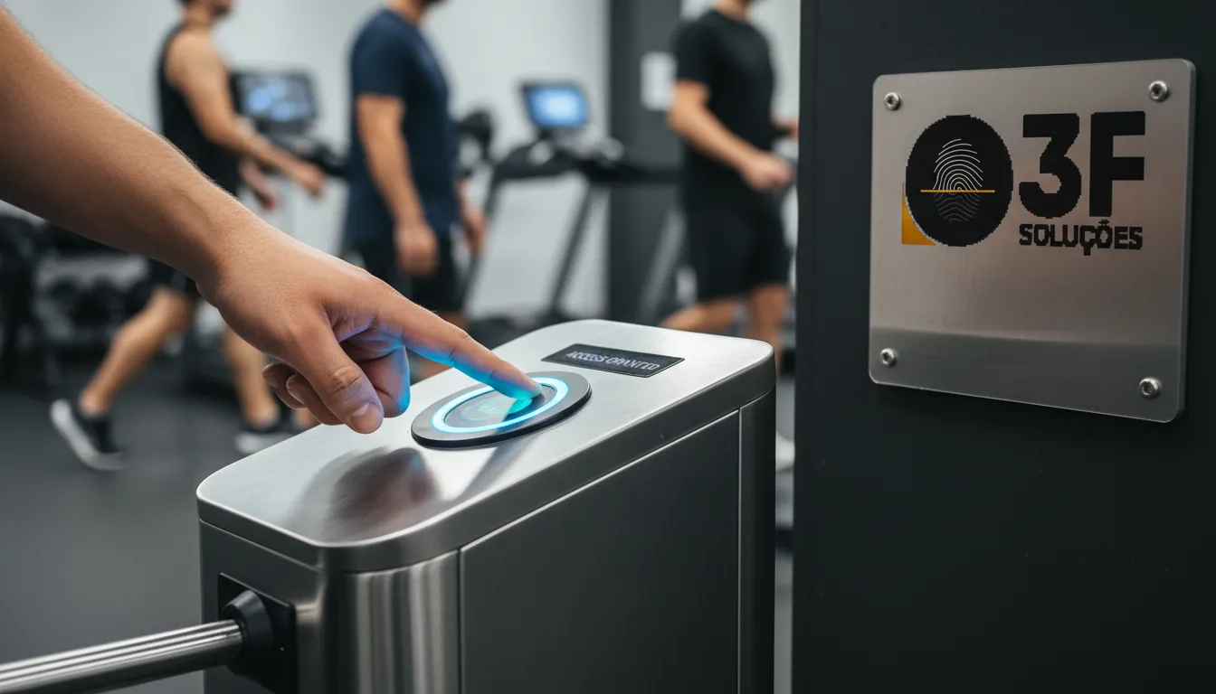 Catraca para academias no Ceará: detalhe de mão usando catraca biométrica moderna para acesso à academia.