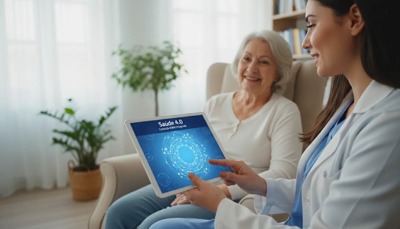 Profissional de saúde acessando prontuário eletrônico em tablet durante atendimento domiciliar, ilustrando a Saúde 4.0.
