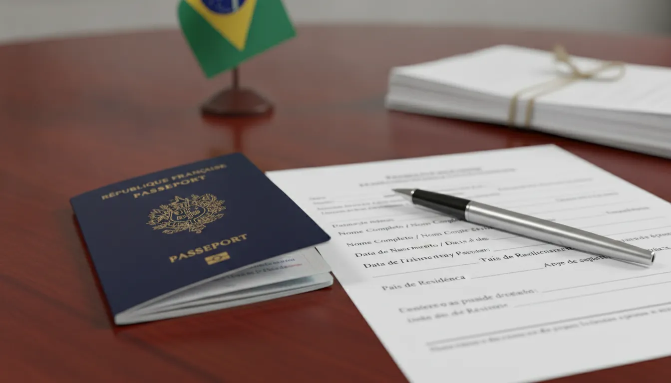 Passeport français et formulaires de visa brésilien sur un bureau, symbolisant la retraite au Brésil.