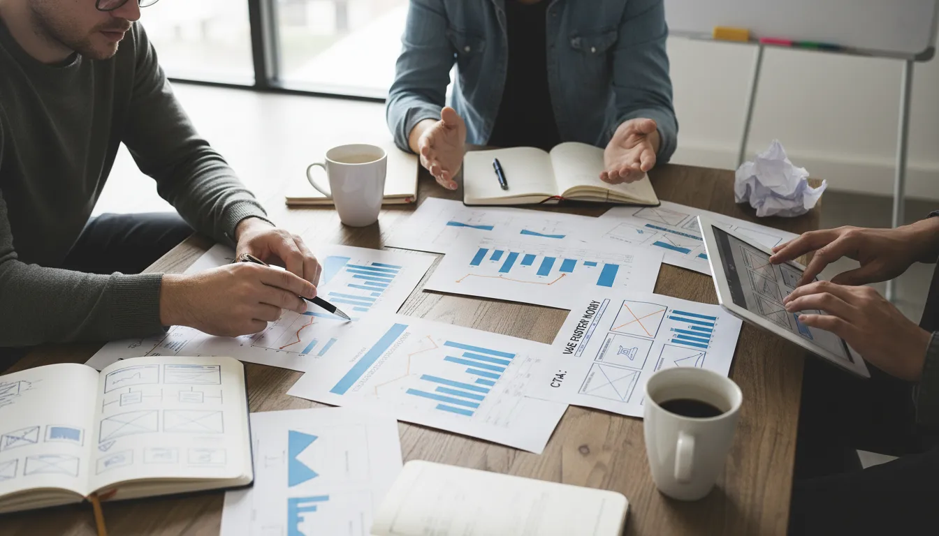 Site Lindo Mas Que Não Vende? Aqui Está o Problema 2 Equipe em brainstorm ajustando hierarquia visual e CTAs em site, rodeada de gráficos de conversão