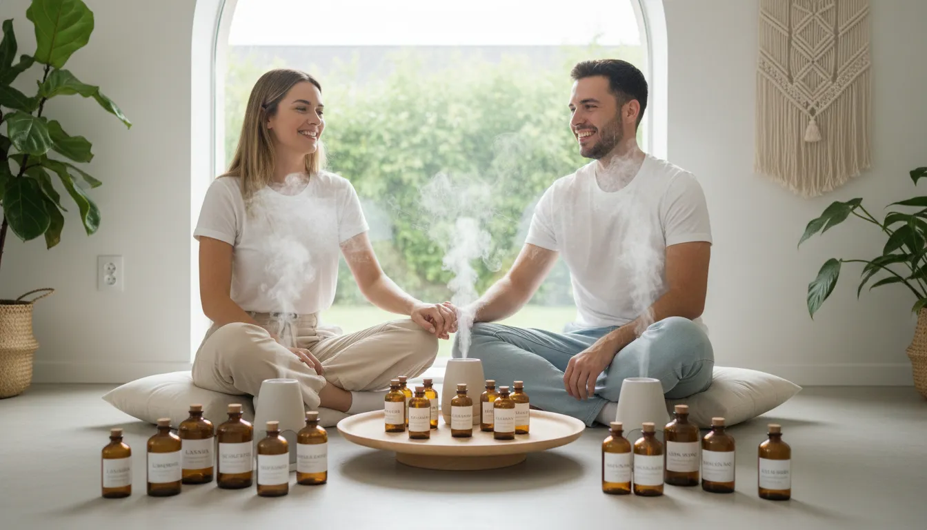 Casal em sessão de aromaterapia com essências e difusores, em ambiente moderno