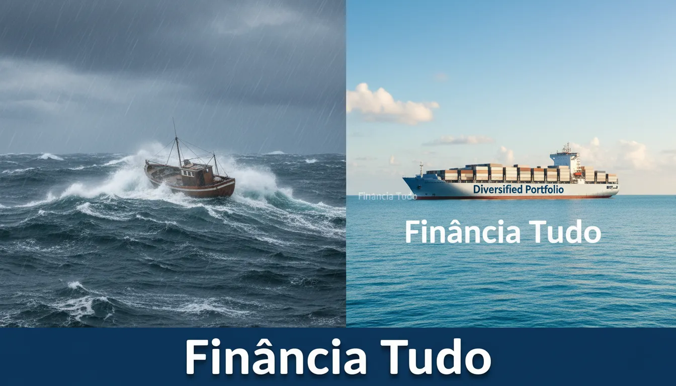 Uma imagem de tela dividida mostrando um mar turbulento versus um mar calmo com um navio estável, representando os benefícios da diversificação de investimentos com a Financia Tudo.