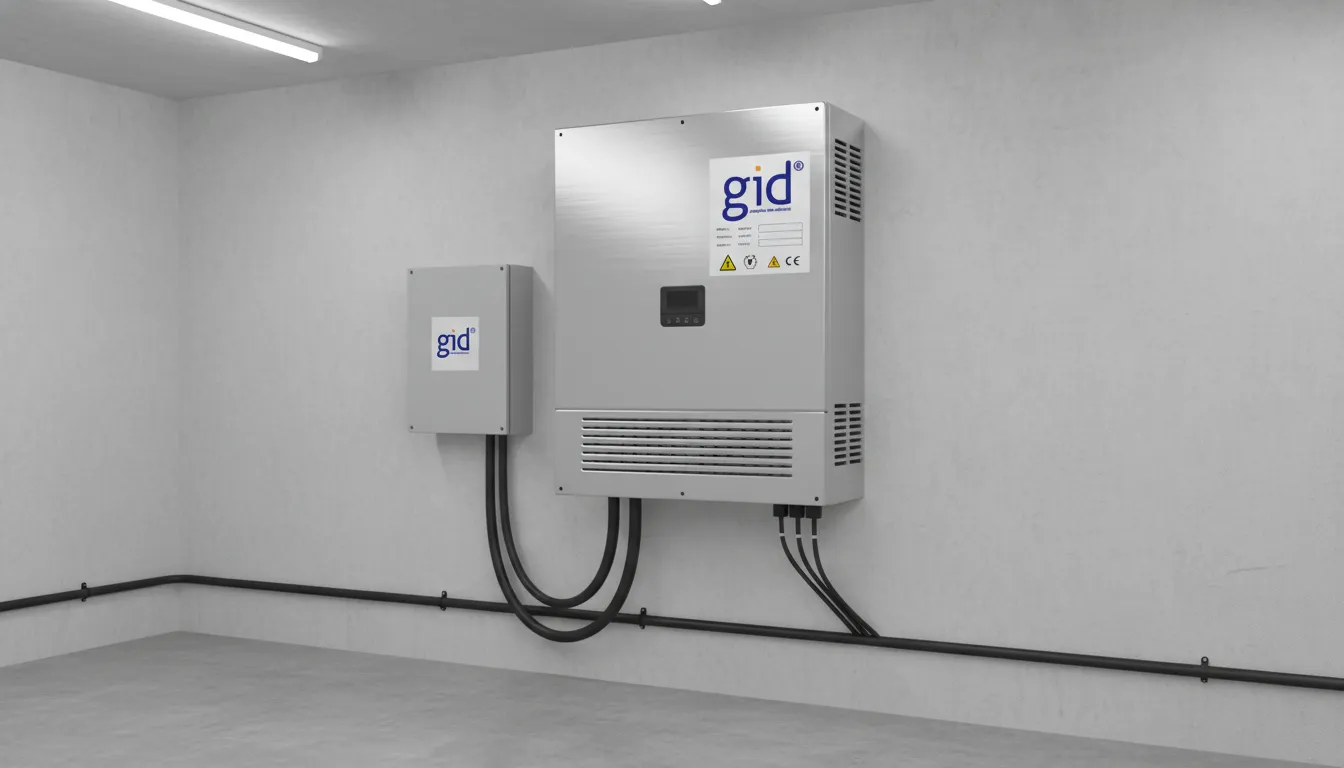 Etiqueta inversor GID de identificação técnica em inversor solar, com dados operacionais e segurança.