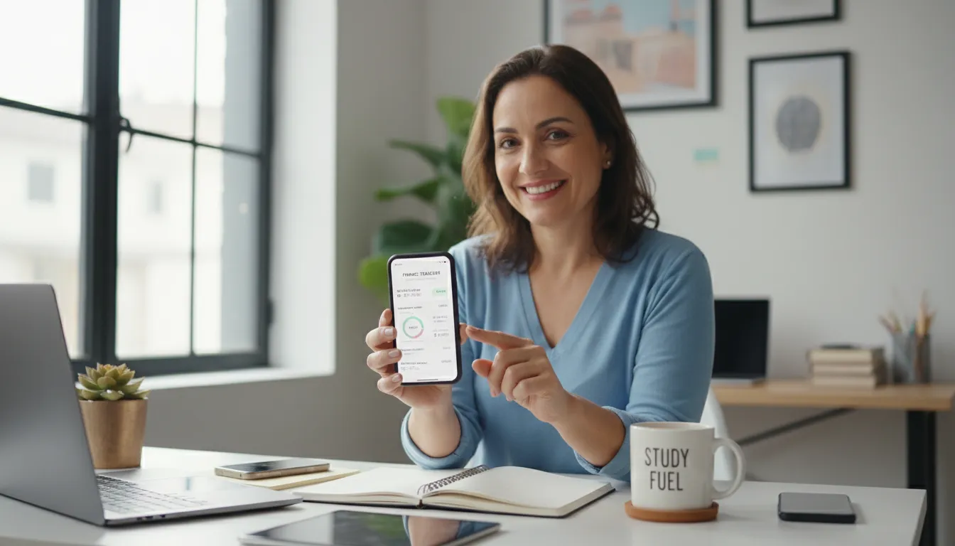Mulher usando aplicativo de finanças no celular em home office, simbolizando autonomia e controle financeiro.