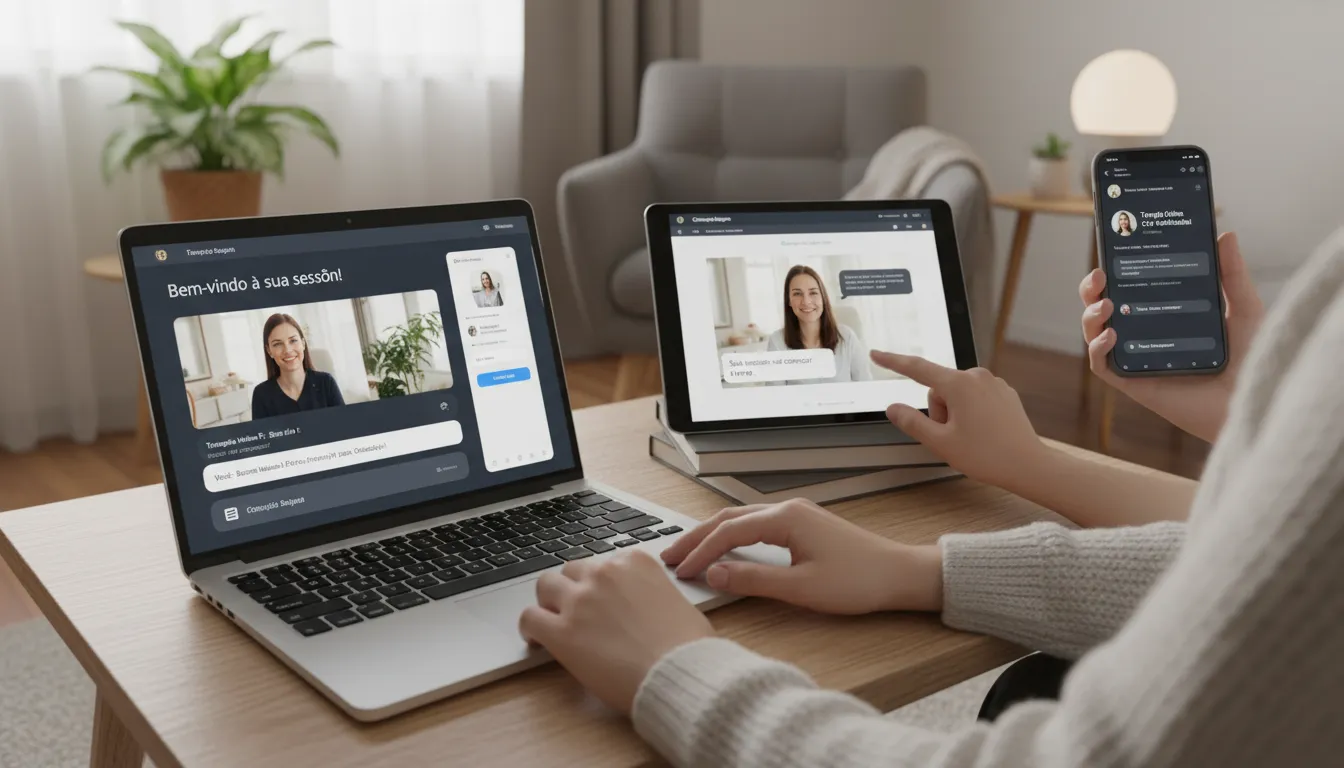 Múltiplos dispositivos acessando plataforma de terapia online de forma segura e prática