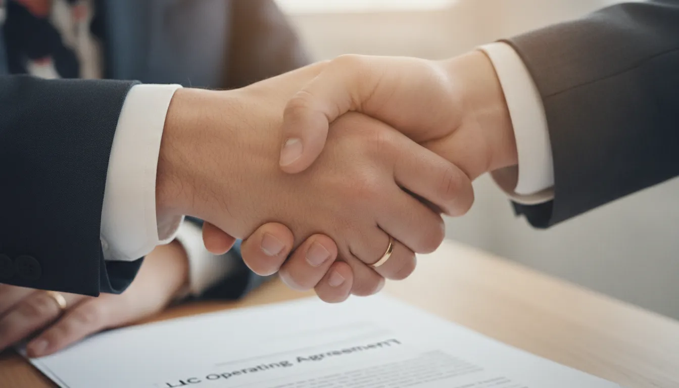 Apertando as mãos, dois sócios selando acordo para multi member llc, representando a essência da parceria.
