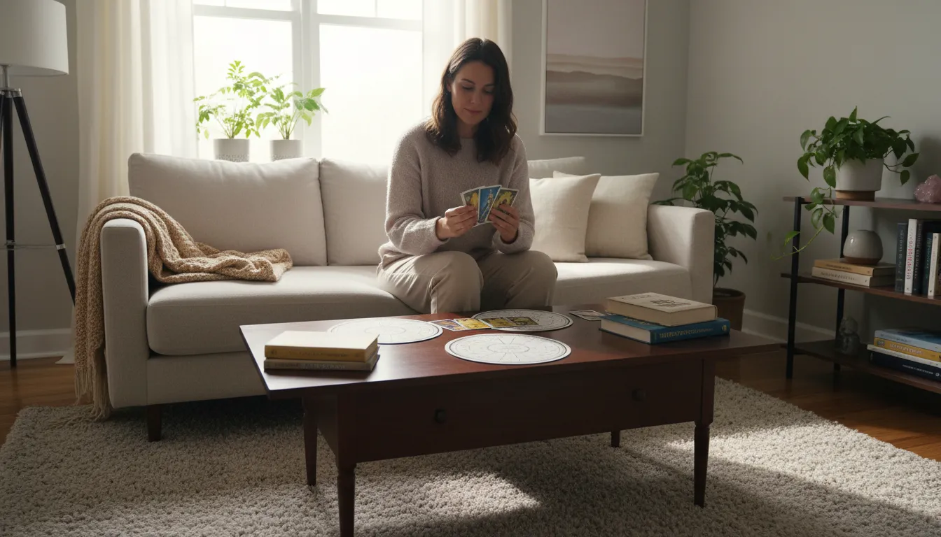 Pessoa embaralhando tarot em sala confortável com mapas astrais e livros de autodesenvolvimento ao redor.