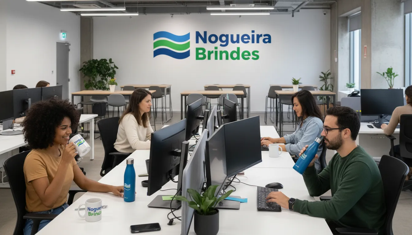 Funcionários em um escritório moderno utilizando garrafas e canecas personalizadas da Nogueira Brindes, reforçando a presença da marca através de brindes para eventos.