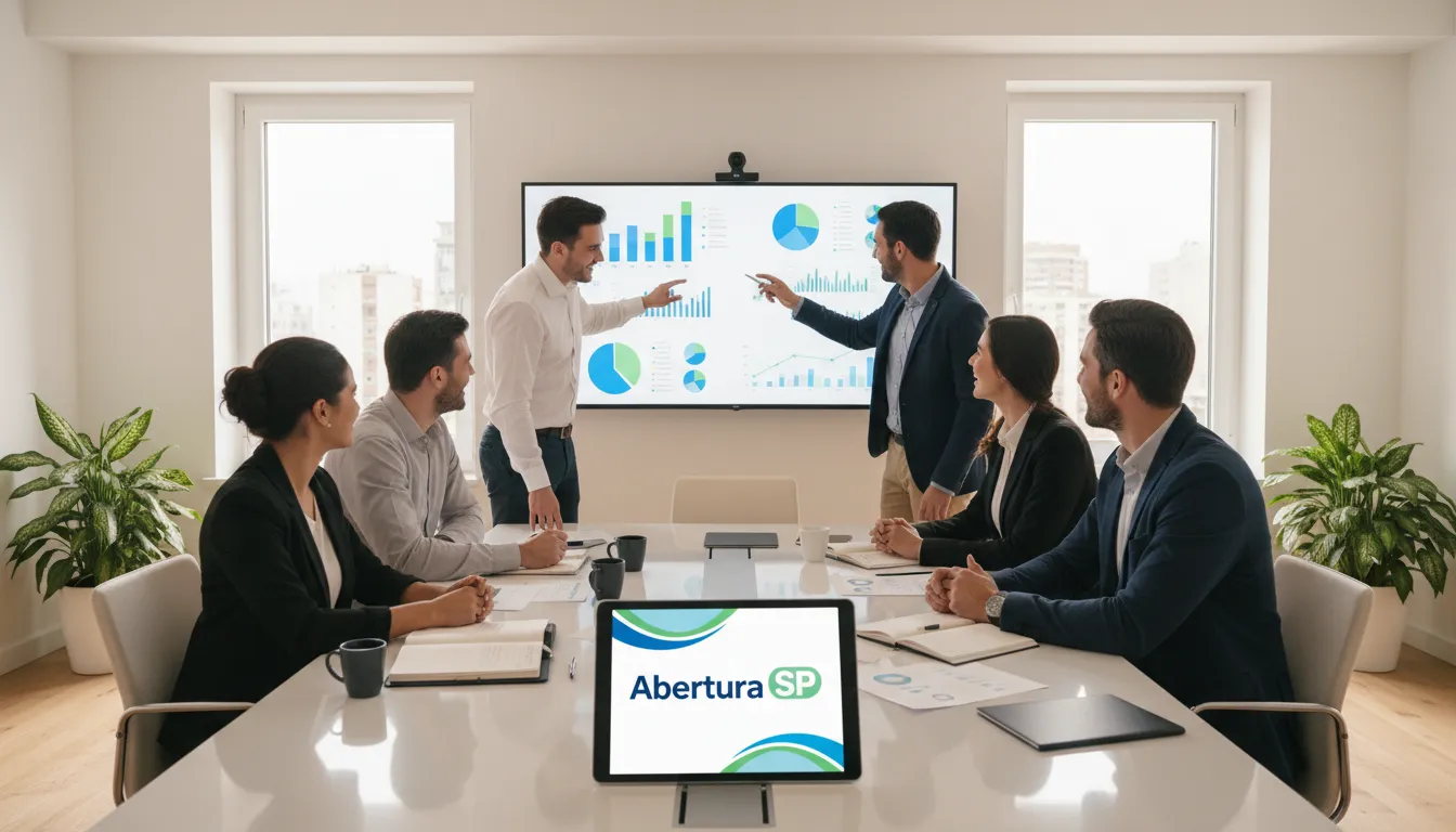 Colaboradores reunidos em um escritório moderno em São Paulo, discutindo dados financeiros e estratégias para abertura de empresa em São Paulo.