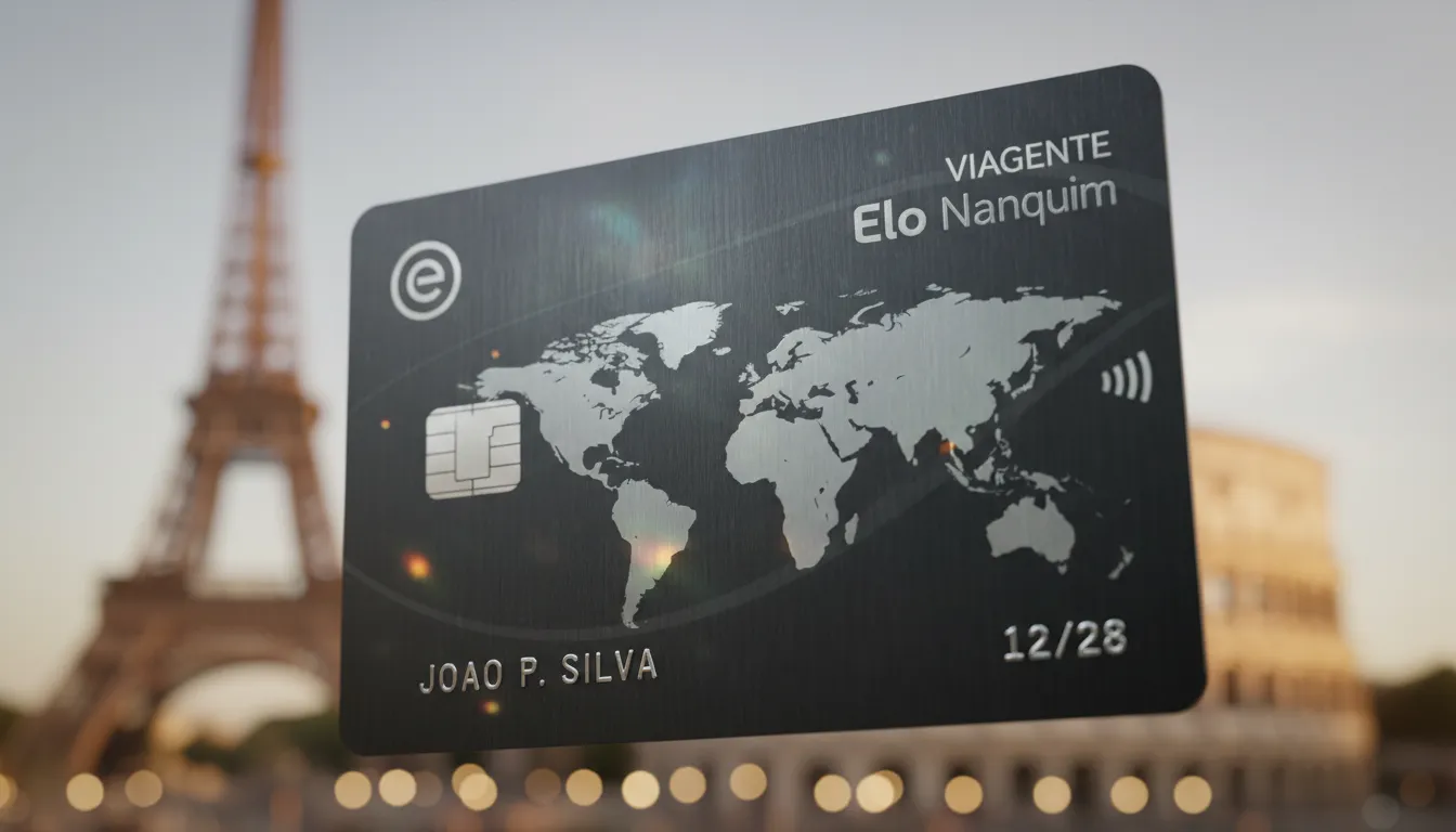 Detalhe elegante do cartão Viagente elo nanquim, simbolizando acesso a experiências de viagem memoráveis e benefícios exclusivos.