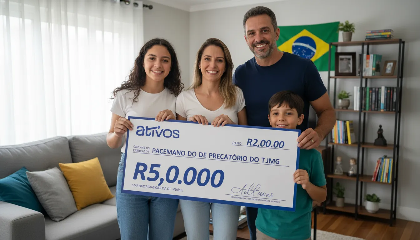 Família sorrindo, segurando um cheque da Ativos, representando o recebimento antecipado de precatórios tjmg.
