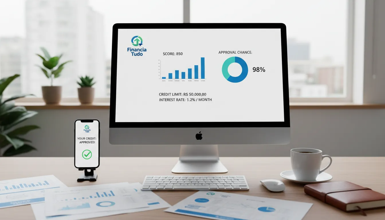 Simulação de empréstimo para condomínio exibida em computador e celular com ambiente de trabalho organizado
