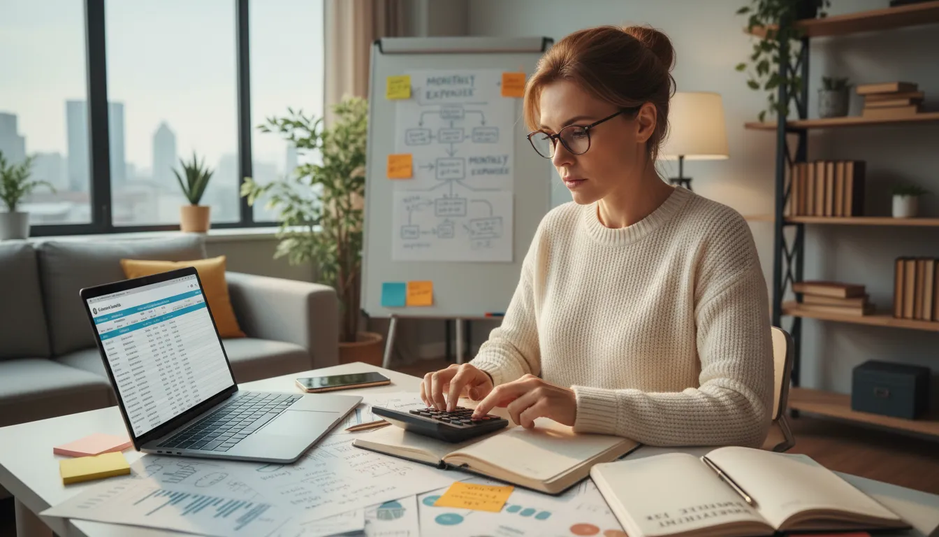 Mulher usando calculadora e notebook para planejar o orçamento e controlar as dívidas
