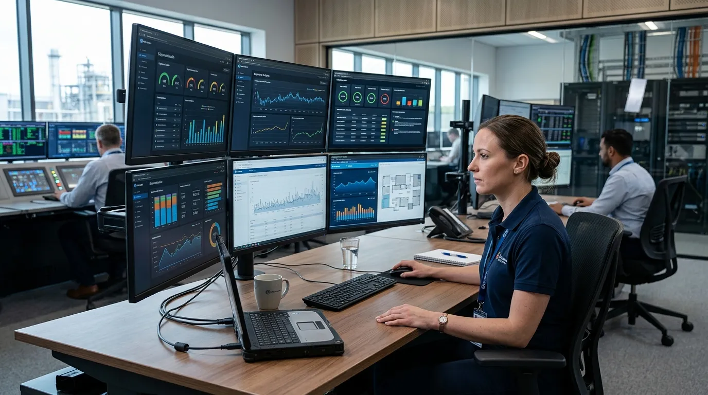 Gestor monitorando planejamento de manutenção preventiva e corretiva através de dashboard CMMS.