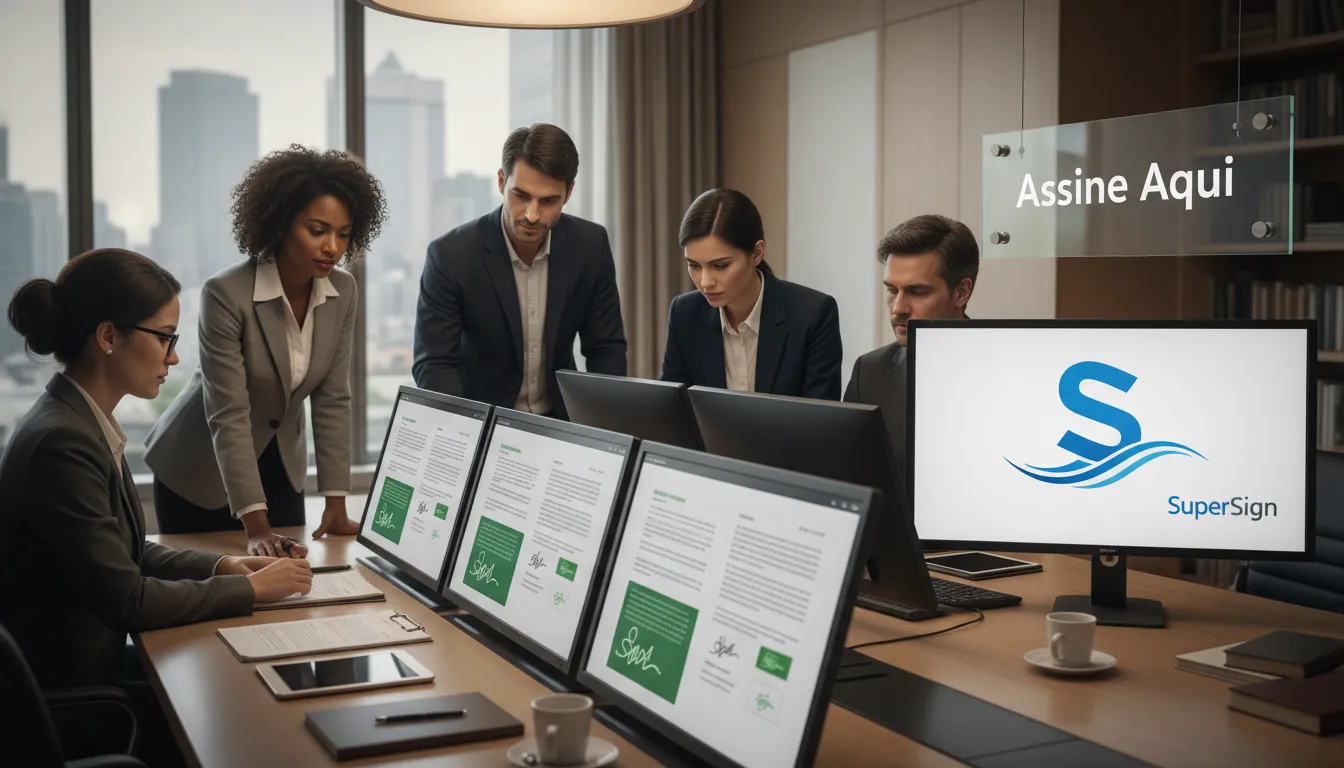 Profissionais analisando documentos de procuração ad judicia com assinaturas digitais, reforçando a validade e a eficiência da SuperSign.