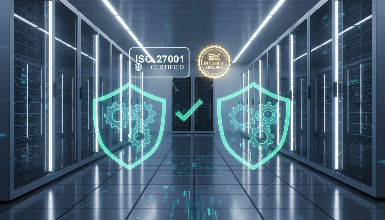 Sala de servidores com hologramas de cadeados e selos de conformidade, sugerindo proteção certificada de dados.