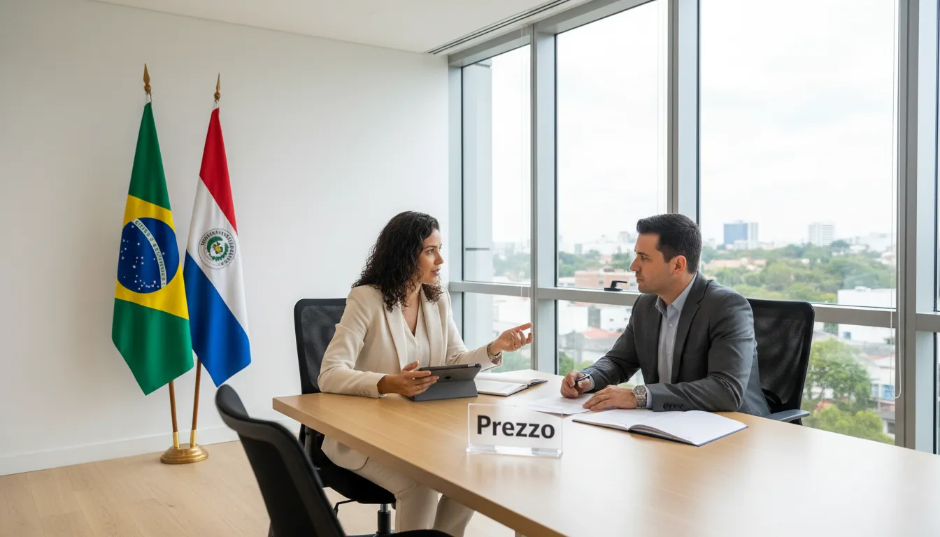 Profissionais brasileiros e paraguaios colaborando em um escritório moderno, representando a parceria ideal para abrir empresa no Paraguai sendo Brasileiro, com a assessoria da Prezzo.