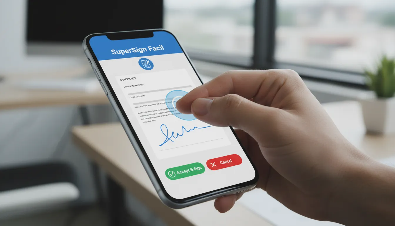 Close-up de assinatura eletrônica gratuita em smartphone através do app SuperSign, destacando a facilidade de uso.