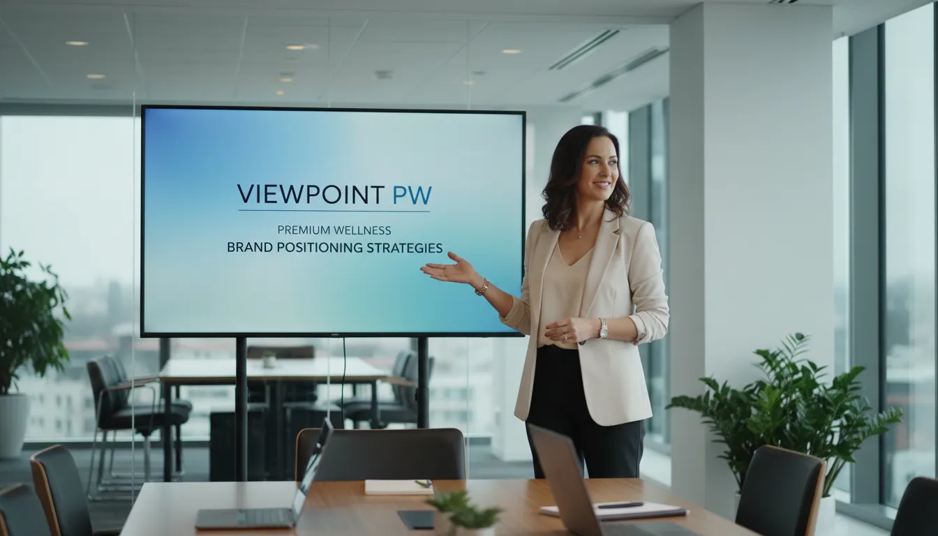 Dona de negócio wellness, apresentando estratégias de posicionamento premium, ambiente de escritório moderno com Viewpoint PW, representando uma campanha de international ppc bem-sucedida.