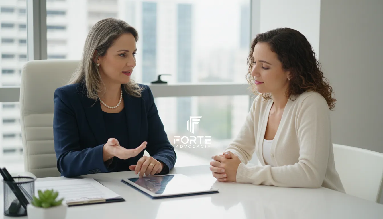 Advogada explica o salário maternidade valor e direitos a uma gestante, mostrando o suporte jurídico da Forte Advocacia.