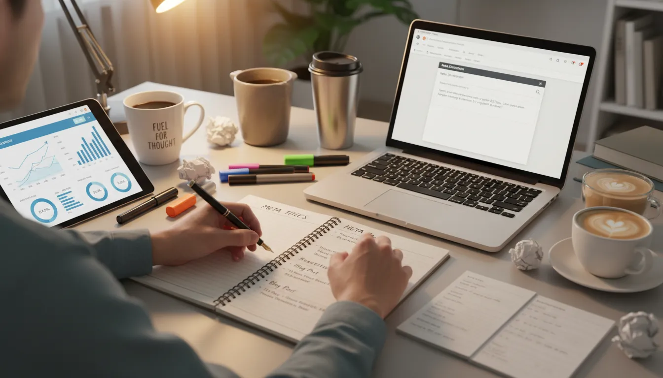 Como Escrever Título e Meta Description que Clicam no Google 1 Pessoa escrevendo meta titles e descriptions com anotações de palavras-chave e gráficos digitais ao redor.