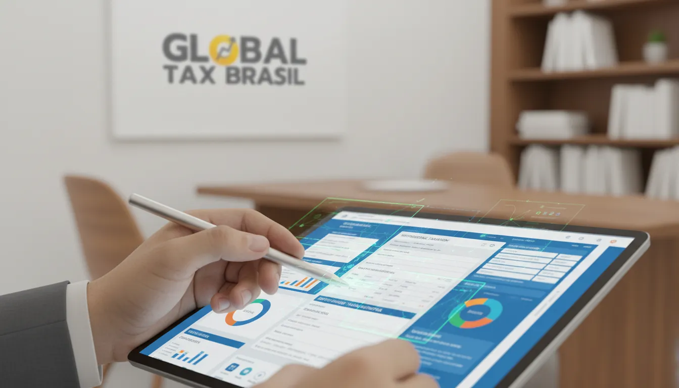 Mãos navegando a complexidade da DIRPF saída definitiva em tela de tablet.