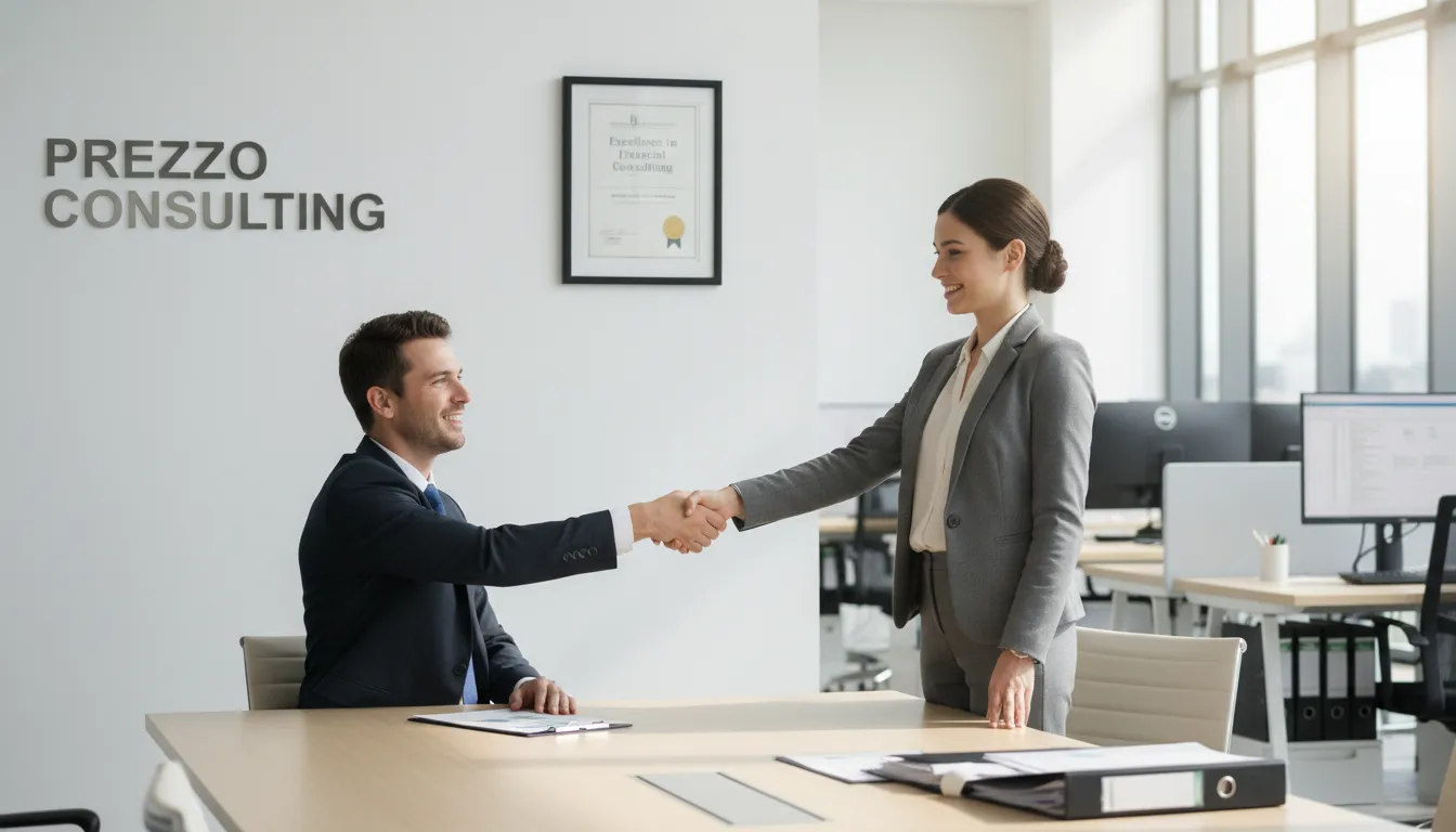 Empresários apertando as mãos em um escritório iluminado, com um certificado de excelência, representando a contabilidade brasileira em orlando e parceria de confiança.