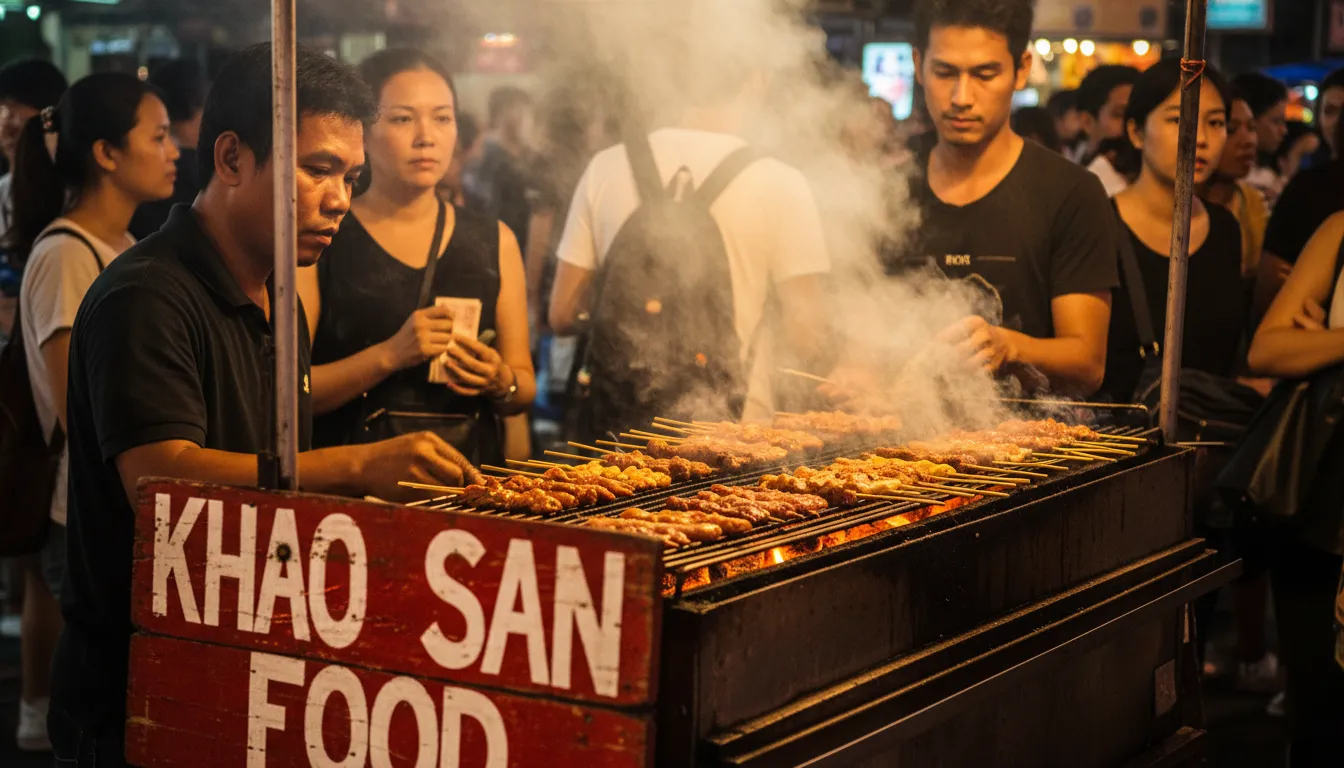 Close-up da comida de rua sendo preparada na khao san road, com foco nos detalhes da culinária local.