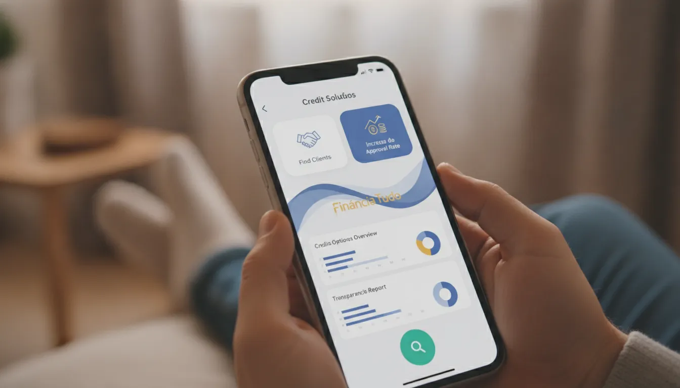 Como captar clientes para crédito: Pessoa usando aplicativo Financia Tudo, explorando opções de crédito.