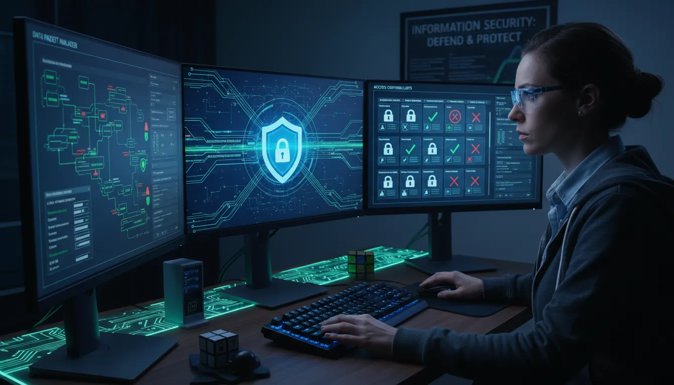 Especialista de TI configurando políticas de segurança em monitores com firewalls e fluxos criptografados num ambiente organizado.